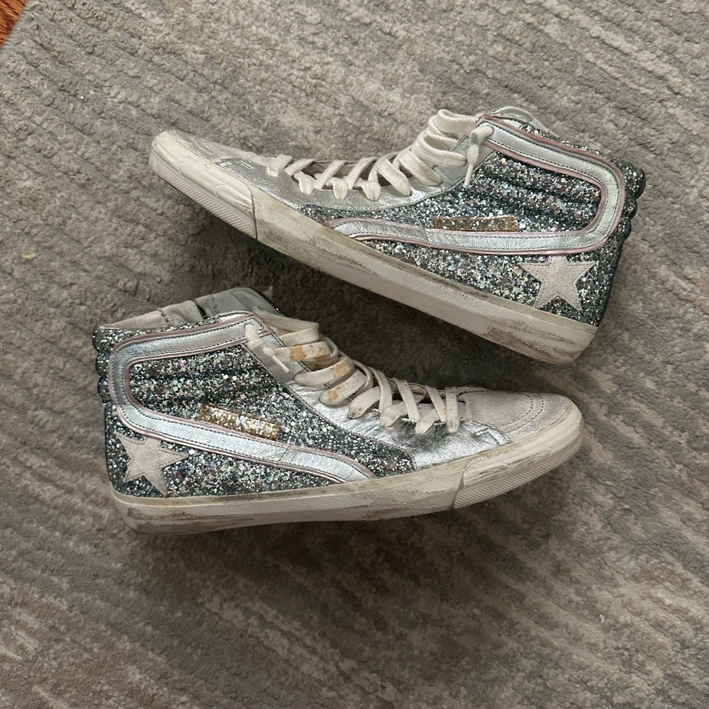 GOLDEN GOOSE 41 SILVER GLITTER HIGH TOP SNEAKERS WORN - Picture 2 of 7